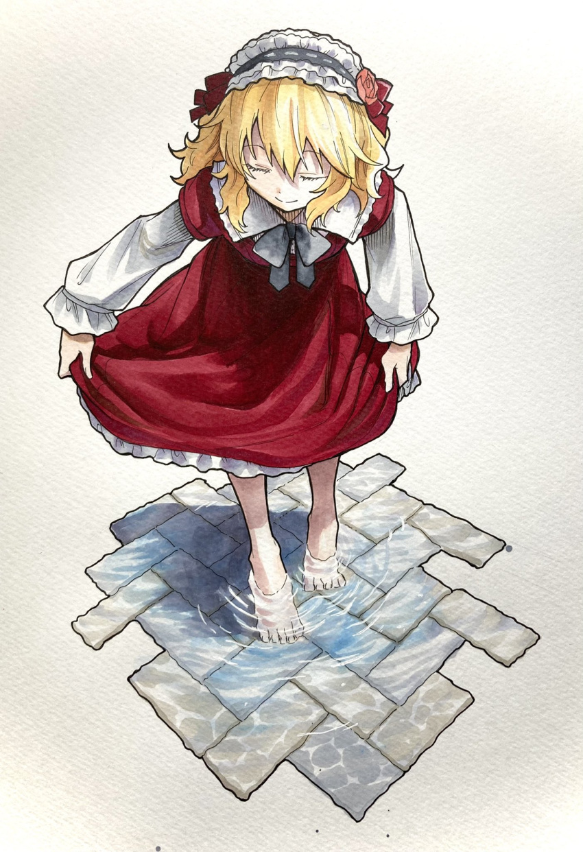 barefoot blonde_hair brick_floor closed_eyes commentary feet female frilled_hairband frills full_body hairband highres idolmaster idolmaster_cinderella_girls kyouno lolita_fashion long_sleeves painting_(medium) petticoat sakurai_momoka simple_background skirt_hold solo toes traditional_media two-tone_dress wading white_background