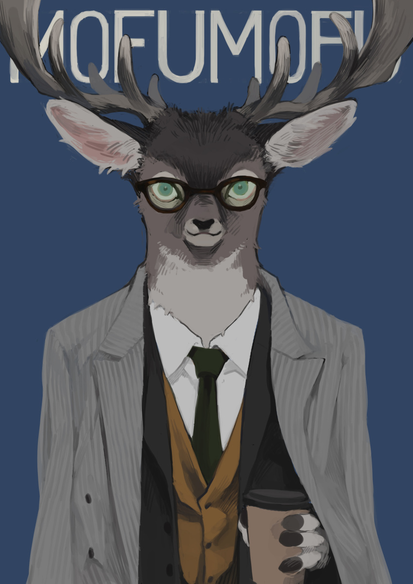 1boy :3 absurdres animal_ears animal_hands animal_nose antlers black_hair black_jacket blue_background body_fur brown-framed_eyewear brown_fur brown_vest closed_mouth coat coat_on_shoulders collared_shirt commentary cup deer_boy deer_ears disposable_cup furry furry_male glasses green_eyes green_necktie grey_coat grey_fur hand_up highres holding holding_cup horns jacket long_sleeves looking_at_viewer male_focus mayumochini necktie open_clothes open_coat open_jacket original romaji_text shirt short_hair simple_background snout solo standing straight-on upper_body vest white_shirt