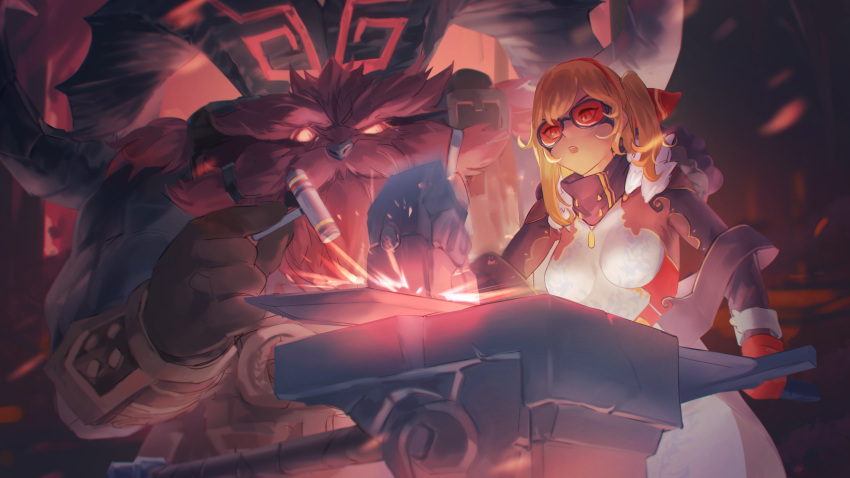 1boy absurdres anvil aragiken blacksmith blonde_hair bodysuit breasts brown_gloves curled_horns female gloves goggles hammer highres holding holding_hammer holding_sword holding_weapon hololive hololive_indonesia horns kaela_kovalskia kaela_kovalskia_(1st_costume) large_breasts league_of_legends long_hair looking_away open_mouth ornn red_gloves standing sword trait_connection turtleneck virtual_youtuber weapon white_bodysuit