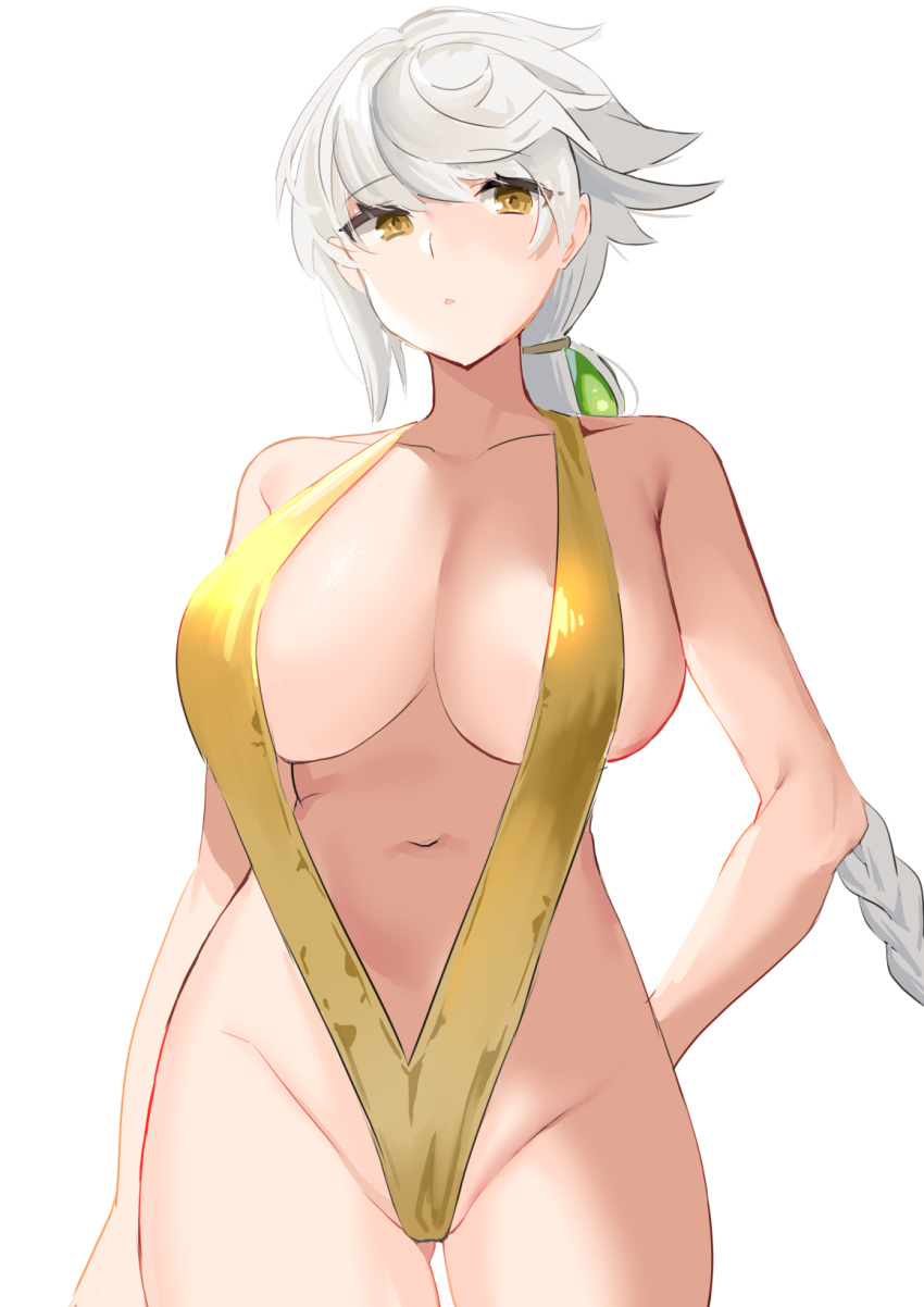 akagi_kurage braid braided_ponytail breasts cleavage female highres kantai_collection large_breasts long_hair open_mouth simple_background single_braid slingshot_swimsuit solo swimsuit unryuu_(kancolle) white_background white_hair yellow_eyes yellow_slingshot_swimsuit