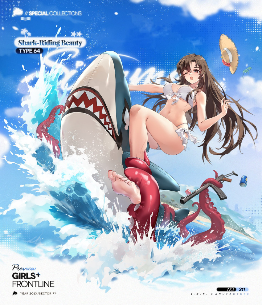 ;o ankle_grab barefoot beach bikini blush breasts brown_hair can character_name chilunchilun commentary copyright_name criss-cross_halter day drink_can english_commentary feet female fingernails flower girls'_frontline green-framed_eyewear gun halterneck hand_up hat hat_flower highres inflatable_shark inflatable_toy large_breasts long_hair mountainous_horizon nail_polish octopus official_alternate_costume official_art one_eye_closed open_mouth outdoors palm_tree pink_nails promotional_art red_eyes red_flower riding second-party_source shutter_shades skindentation soda_can soles solo splashing star_(symbol) straw_hat submachine_gun sun_hat swimsuit tentacle toenail_polish toenails toes tree type_64_(girls'_frontline) type_64_(shark-riding_beauty)_(girls'_frontline) type_64_smg unworn_eyewear unworn_hat unworn_headwear very_long_hair water weapon white_bikini