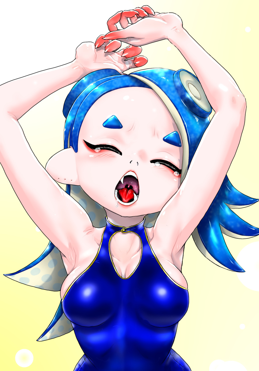 armpits arms_up blue_hair blue_shirt blush breasts cleavage cleavage_cutout closed_eyes clothing_cutout drooling fangs female highres koharu2.5 medium_breasts octoling open_mouth saliva shirt shiver_(splatoon) sideboob skin_tight splatoon_(series) stretching tearing_up tentacle_hair tongue upper_body uvula yawning yellow_background