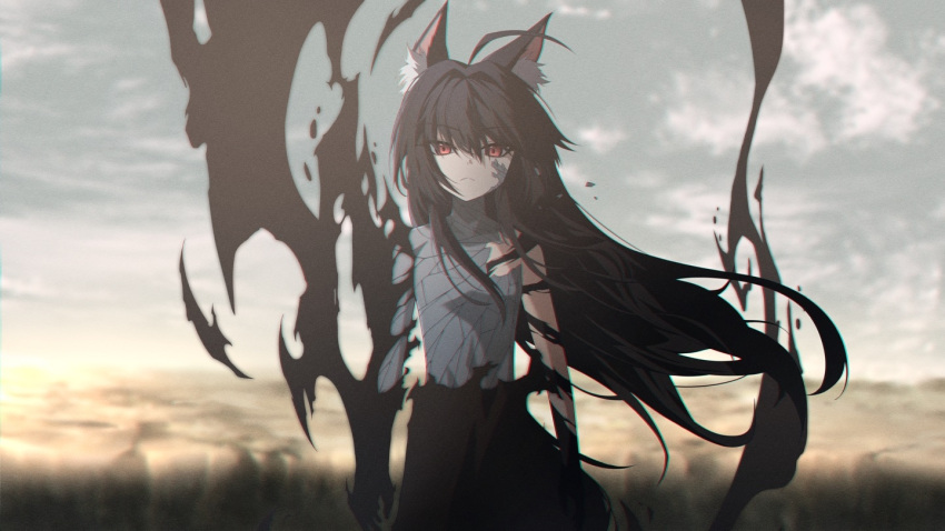 animal_ears black_hair bleach chromatic_aberration cloud commentary_request cosplay darkness female flat_chest fox_ears fox_girl frown hosun kurosaki_ichigo kurosaki_ichigo_(cosplay) long_hair mugetsu_form_(bleach) parody red_eyes solo stellive tenko_shibuki upper_body very_long_hair virtual_youtuber