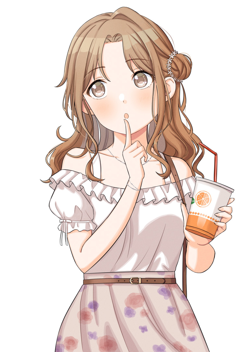 :o bag bare_shoulders belt belt_buckle bendy_straw breasts brown_belt brown_eyes brown_hair brown_skirt buckle collarbone commentary_request cup disposable_cup drinking_straw female finger_to_mouth floral_print frilled_shirt frills hair_bun hands_up highres holding holding_cup ichikawa_hinana idolmaster idolmaster_shiny_colors index_finger_raised long_hair looking_to_the_side looking_up medium_breasts off-shoulder_shirt off_shoulder parted_bangs parted_lips print_skirt sasakamasasa shirt shoulder_bag simple_background single_side_bun skirt solo white_background white_shirt