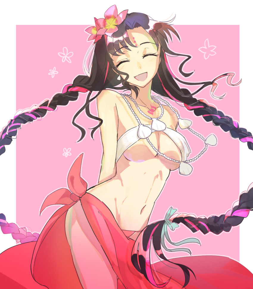 arms_behind_back bikini black_hair border braid breasts chest_tattoo closed_eyes commentary earrings facial_mark facing_viewer fate/grand_order fate_(series) female flower forehead_mark hair_flower hair_ornament highres jewelry koumi_me1 light_blush long_hair medium_breasts multicolored_hair navel necklace open_mouth outline outside_border parted_bangs pearl_earrings pearl_necklace pink_background pink_bikini pink_flower pink_hair pink_sarong sarong sessyoin_kiara sessyoin_kiara_(swimsuit_mooncancer) sessyoin_kiara_(swimsuit_mooncancer)_(first_ascension) shell shell_necklace simple_background smile solo streaked_hair swimsuit tattoo twin_braids underboob very_long_hair white_bikini white_border white_outline