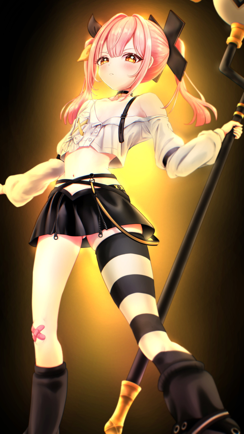 absurdres aw_works703 bandaid bandaid_on_knee bandaid_on_leg black_choker black_skirt blush breasts choker crop_top female highres holding holding_polearm holding_weapon looking_at_viewer medium_hair navel pink_hair polearm single_thighhigh skirt small_breasts solo striped_clothes striped_thighhighs thighhighs twintails virtual_youtuber vshojo weapon yellow_eyes yutori_peke