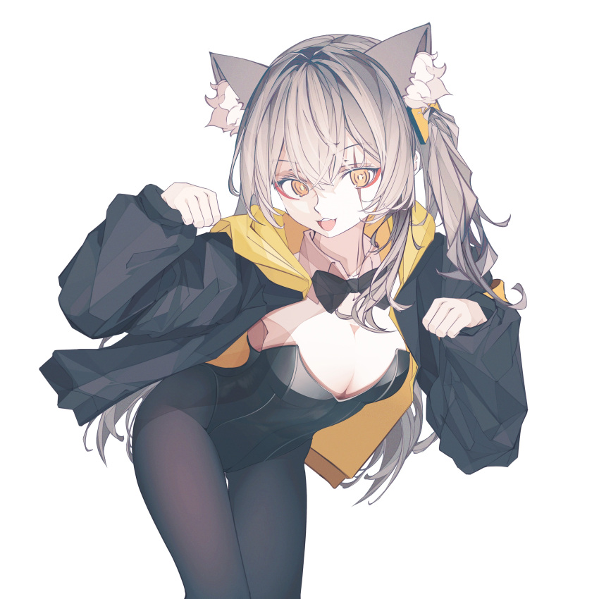 :3 :d absurdres alternate_breast_size alternate_costume animal_ear_fluff animal_ears black_bow black_bowtie black_jacket black_leotard black_pantyhose bow bowtie breasts cat_ears cleavage commentary_request cowboy_shot crossed_bangs detached_collar double-parted_bangs female girls'_frontline hair_between_eyes hair_intakes highleg highleg_leotard highres hood hood_down hooded_jacket jacket kemonomimi_mode leaning_forward leotard light_brown_hair long_hair long_yue_(sskylarks) looking_at_viewer medium_breasts mixed-language_commentary nontraditional_playboy_bunny one_side_up open_clothes open_jacket open_mouth pantyhose paw_pose scar scar_across_eye sidelocks simple_background smile solo strapless strapless_leotard teeth two-sided_fabric two-sided_jacket ump45_(girls'_frontline) upper_teeth_only very_long_hair white_background yellow_eyes yellow_jacket