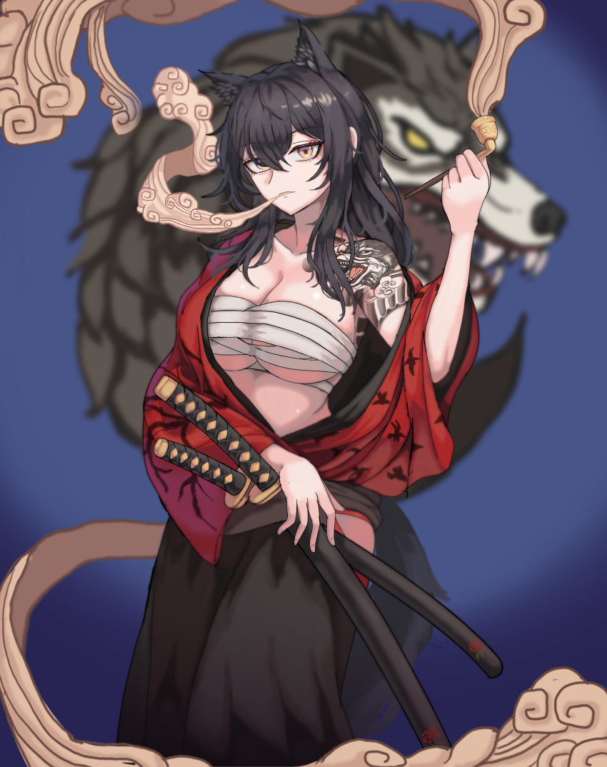 absurdres animal_ears arknights bandages black_hair black_skirt breasts chest_sarashi cleavage cowboy_shot female gomsang-oh highres holding holding_smoking_pipe japanese_clothes katana kimono kiseru large_breasts long_hair looking_at_viewer midriff red_kimono sarashi scabbard sheath sheathed shoulder_tattoo single_bare_shoulder skirt smoking_pipe solo standing sword tattoo texas_(arknights) underboob weapon wolf_ears yellow_eyes