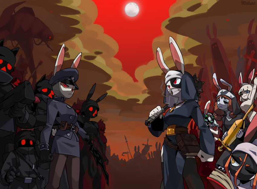 2024 absurd_res ambiguous_gender anthro cigarette clothing cloud colored fall_warden_(mr_plagu3) female fur gloves handwear healer_bun_(niking) hi_res lagomorph leporid mage_bun_(niking) mammal mask military military_hat military_uniform mr_plagu3 night nun nun_bun_(niking) nun_outfit pink_nose rabbit red_book red_eyes red_sky religious_clothing sky skyscape smoking smoking_cigarette soldier standing standoff syringe uniform veil warrior weapon wearing_mask white_body white_ears white_face white_fur