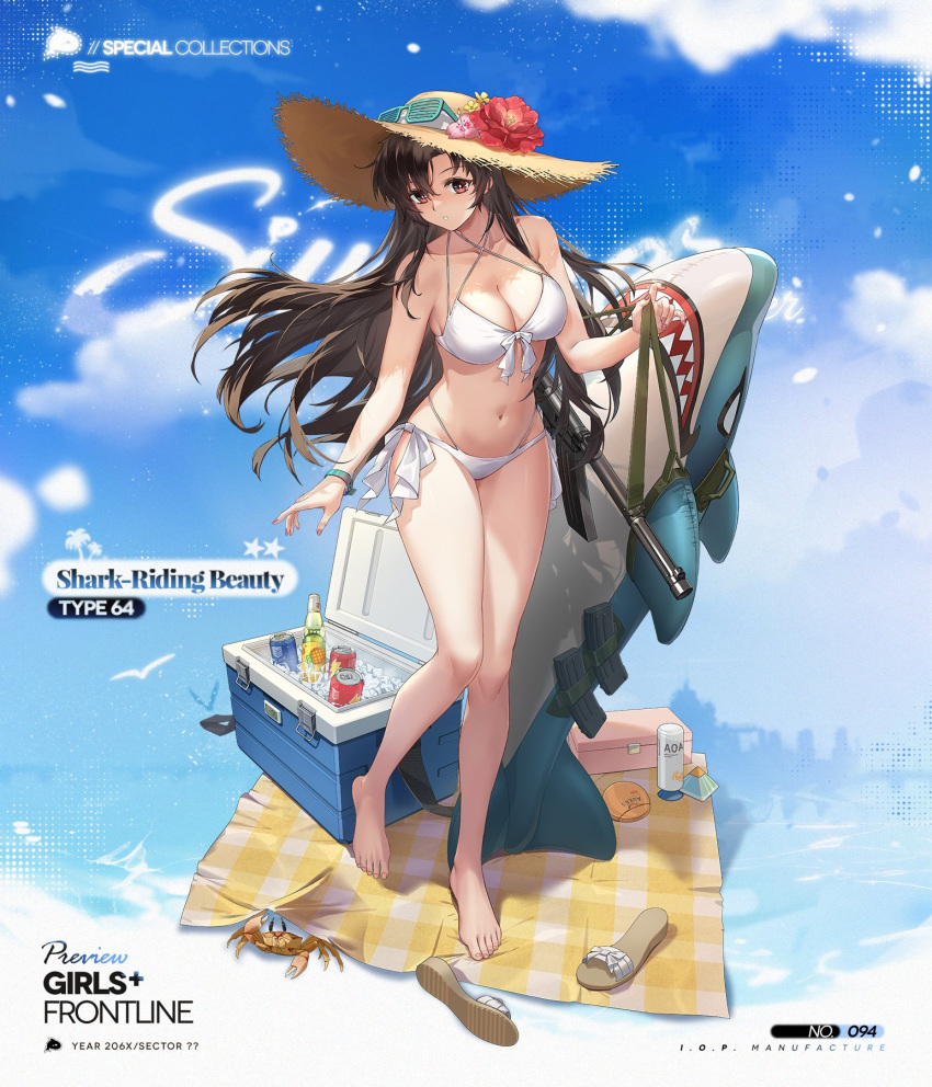 :o aqua_wristband barefoot bikini bottle box breasts brown_hair can character_name chilunchilun collarbone commentary cooler copyright_name crab criss-cross_halter drink_can english_commentary feet female fingernails flower full_body girls'_frontline green-framed_eyewear gun halterneck hat hat_flower highres ice ice_cube inflatable_shark inflatable_toy large_breasts long_hair lotion magazine_(weapon) nail_polish official_alternate_costume official_art parted_lips picnic_blanket pink_flower pink_nails promotional_art red_eyes red_flower sandals second-party_source shadow shutter_shades skindentation soda_can solo standing standing_on_one_leg star_(symbol) straw_hat submachine_gun sun_hat sunscreen swimsuit toenail_polish toenails toes type_64_(girls'_frontline) type_64_(shark-riding_beauty)_(girls'_frontline) type_64_smg unworn_sandals very_long_hair weapon white_bikini