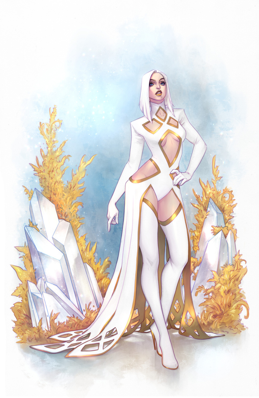 absurdres blue_eyes boots breasts clothing_cutout crystal dress emma_frost female full_body high_heel_boots high_heels highres hip_vent long_dress marvel medium_breasts meghan_hetrick parted_lips sneer solo stomach_cutout thigh_boots white_dress white_footwear white_hair x-men