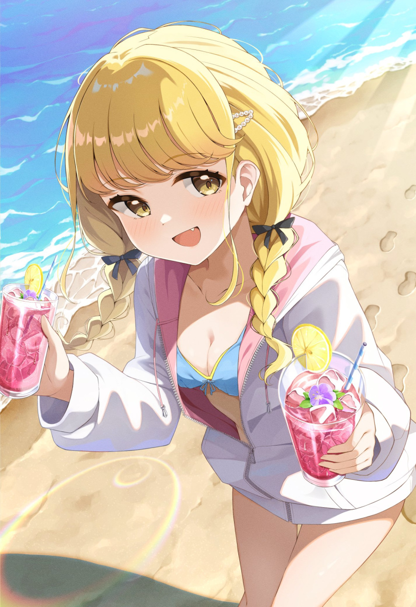 beach bikini black_ribbon blonde_hair blue_bikini blush bow braid breasts cleavage collarbone commentary cup day dot_nose drinking_straw female flower food footprints from_above front-tie_bikini_top front-tie_top fruit fujita_kotone gakuen_idolmaster hair_ornament hairbow hairclip hands_up highres holding holding_cup hood hood_down hoodie ice ice_cube idolmaster kimi_to_semi_blue_(idolmaster) lemon lemon_slice long_hair long_sleeves looking_at_viewer meshiya_(naruga-501-kuaru) ocean oerba_yun_fang open_mouth outdoors partially_unzipped purple_flower rainbow_gradient ribbon shadow shy small_breasts smile solo standing sunlight swimsuit tropical_drink twin_braids white_hoodie yellow_eyes zipper zipper_pull_tab