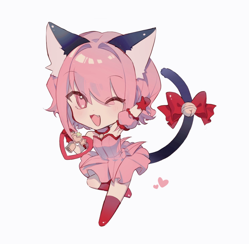 :3 animal_ears arm_up bell bow cat_ears cat_girl cat_tail chibi chibi_only chinese_commentary commentary_request detached_sleeves dress female foot_up gloves heart highres mew_ichigo momomiya_ichigo nenene_(lofter_1364008971) one_eye_closed open_mouth pink_dress pink_eyes pink_hair pink_sleeves puffy_short_sleeves puffy_sleeves red_bow red_footwear red_gloves short_hair short_sleeves simple_background smile solo strapless strapless_dress tail tail_bell tail_bow tail_ornament tokyo_mew_mew white_background