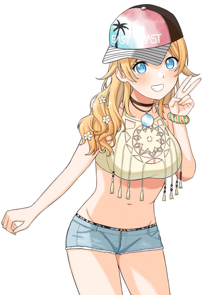 bare_arms bare_shoulders baseball_cap blonde_hair breasts cleavage clothes_writing commentary_request crop_top denim denim_shorts english_text female flower grey_shorts grin groin hachimiya_meguru hair_flower hair_ornament hand_up hat highres idolmaster idolmaster_shiny_colors long_hair looking_at_viewer medium_breasts navel sasakamasasa short_shorts shorts sideways_hat simple_background smile solo v white_background white_flower