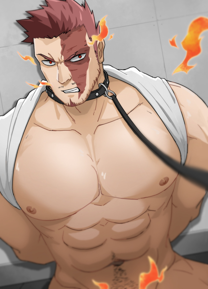 1boy abs angry arms_behind_back bara bare_pectorals beard_stubble boku_no_hero_academia clenched_teeth collar collarbone dounoo endeavor_(boku_no_hero_academia) facial_hair fire furrowed_brow highres leash looking_at_viewer male_focus muscular muscular_male mustache_stubble navel nipples no_pants pectoral_cleavage pectorals red_eyes red_hair scar scar_across_eye stubble teeth