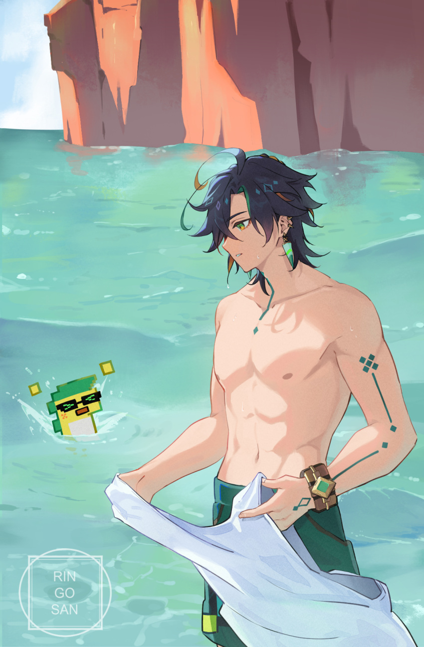 1boy 1other ajaw_(genshin_impact) arm_tattoo black_hair chest_tattoo earrings genshin_impact green_eyes green_hair green_male_underwear hair_between_eyes highres jewelry kinich_(genshin_impact) male_focus male_underwear multicolored_hair navel neck_tattoo nipples rin_(rin_gosan) short_hair stomach tattoo topless_male underwear