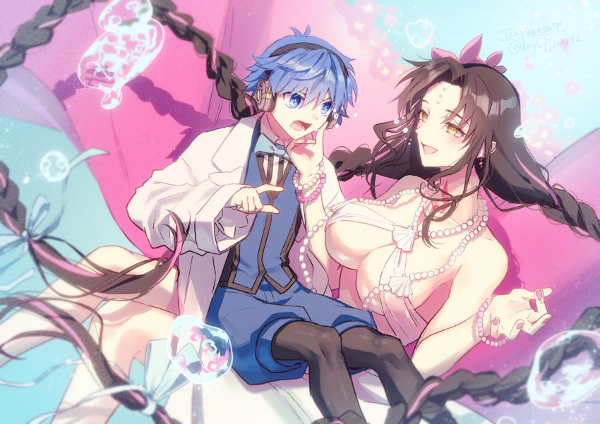 1boy air_bubble bikini black_hair black_pantyhose black_shirt blue_bow blue_bowtie blue_eyes blue_ribbon blue_vest blush bow bowtie bracelet braid breasts bubble chest_tattoo coat commentary earrings facial_mark fate/grand_order fate_(series) feet_out_of_frame female flower forehead_mark hair_between_eyes hair_flower hair_ornament hair_ribbon hand_on_another's_chin hans_christian_andersen_(fate) headphones highres jewelry large_breasts long_hair long_sleeves looking_at_another lower_teeth_only mudra multicolored_hair nail_polish necklace open_clothes open_coat open_mouth pantyhose parted_bangs pearl_bracelet pearl_earrings pearl_necklace pink_flower pink_hair pink_nails pink_sarong pointing pointing_at_another puffy_shorts ribbon sarong sessyoin_kiara sessyoin_kiara_(swimsuit_mooncancer) sessyoin_kiara_(swimsuit_mooncancer)_(first_ascension) shell shell_necklace shirt short_hair shorts sitting sitting_on_lap sitting_on_person smile streaked_hair striped_clothes striped_shirt swimsuit tattoo teeth tsuyukusa_(eeta7273) twin_braids two-tone_shirt underwater vertical-striped_clothes vertical-striped_shirt very_long_hair vest vitarka_mudra white_bikini white_coat white_shirt yellow_eyes