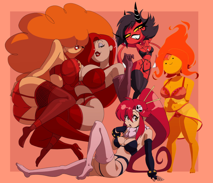 5girls :o absurdres adventure_time ass barefoot big_hair black_bra black_garter_belt black_garter_straps black_hair black_panties black_thighhighs bra breast_press breasts cleavage colored_skin crossover curly_hair curtained_hair demon demon_girl demon_horns demon_tail elbow_gloves eyelashes eyeshadow feet fiery_hair fingerless_gloves fire flame_princess forehead_jewel garter_belt garter_straps gem gloves hair_ornament hair_over_one_eye hair_stick helluva_boss high_heels highres horns inker_comics jessica_rabbit large_breasts lingerie long_hair makeup medium_breasts millie_(helluva_boss) mole mole_under_eye multiple_girls narrow_waist navel no_nose orange_hair orange_skin panties pink_scarf plump ponytail powerpuff_girls red_bra red_footwear red_garter_belt red_garter_straps red_hair red_lips red_panties red_skin red_thighhighs sara_bellum scarf see-through_clothes single_elbow_glove sitting skull_hair_ornament smile standing tail tan teeth tengen_toppa_gurren_lagann thighhighs toes toon_(style) tooth_gap underwear who_framed_roger_rabbit yellow_eyes yoko_littner