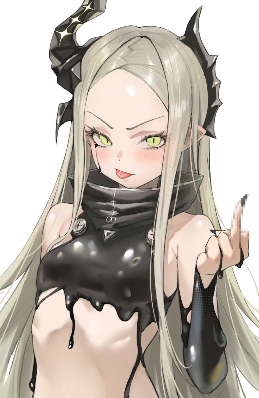 black_horns black_liquid black_nails censored female forehead goddess_of_victory:_nikke green_eyes green_hair highres horns jindogod leviathan_(nikke) liquid_clothes middle_finger mosaic_censoring piercing simple_background solo tongue_piercing upper_body white_background