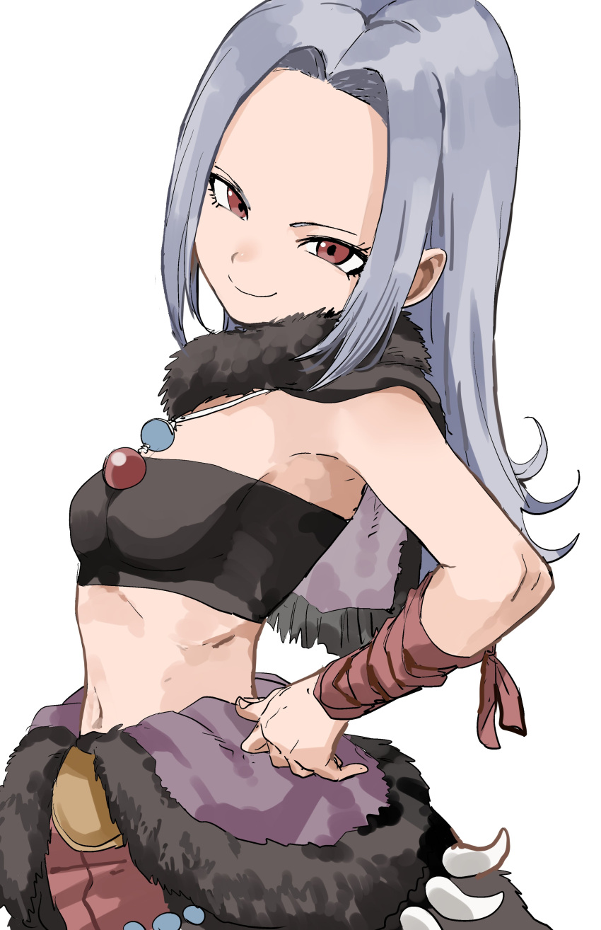 absurdres breasts character_request closed_mouth copyright_request female forehead fur-trimmed_collar fur_trim grey_hair highres long_hair looking_at_viewer midriff navel red_eyes simple_background small_breasts smile solo white_background yamamoto_souichirou