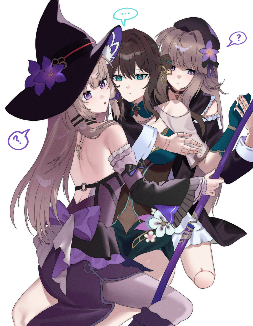 ... 3girls :o ? back_bow backless_dress backless_outfit bare_shoulders black_dress black_hat black_sleeves bow brown_hair closed_mouth clothing_cutout commentary_request detached_sleeves doll_joints dress dual_persona flower girl_sandwich gloves green_dress green_eyes green_gloves hat hat_flower herta_(honkai:_star_rail) highres holding honkai:_star_rail honkai_(series) joints key kneeling korean_commentary long_hair mechanical_hands multiple_girls ny4ngny4ng open_mouth pantyhose purple_bow purple_eyes purple_flower ruan_mei_(honkai:_star_rail) sandwiched shoulder_cutout simple_background sitting sitting_on_lap sitting_on_person spoken_ellipsis spoken_question_mark straddling the_herta_(honkai:_star_rail) white_background witch_hat yuri