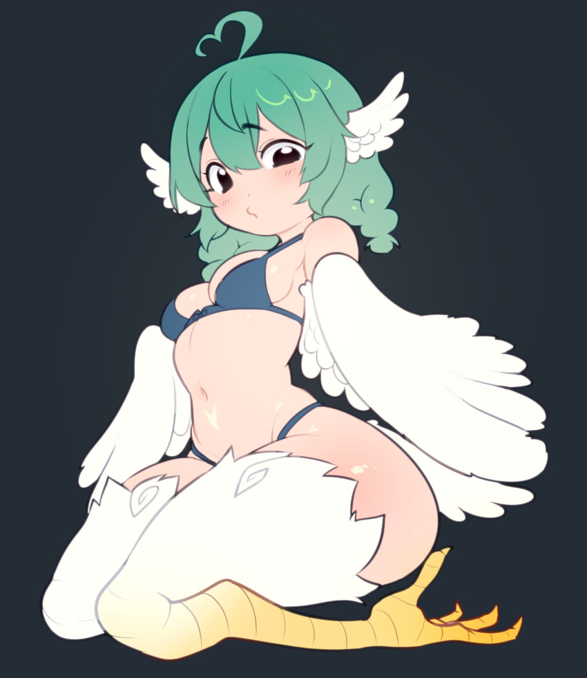 absurdres ahoge bare_shoulders birb_(niniidawns) bird_legs bird_tail black_background blush braid breasts chicken_girl commentary english_commentary feathered_wings feathers female green_hair hair_between_eyes harpy head_wings heart heart_ahoge highres long_hair monster_girl navel niniidawns original simple_background small_breasts solo tail talons twin_braids white_feathers white_wings wide_hips wing_ears winged_arms wings