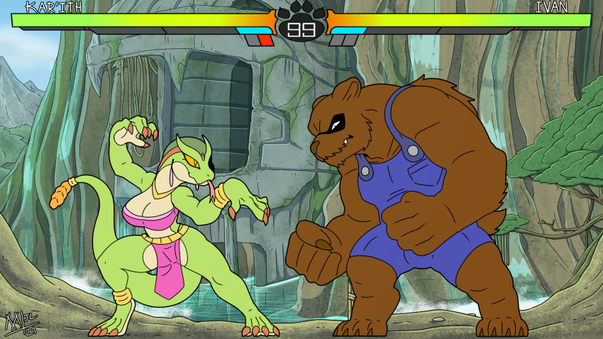 anthro athletic barefoot bear belly_dancer_outfit brutal_paws_of_fury clothing detailed_background duo fan_character feet female fighting_game fighting_game_ui fighting_pose gameplay_mechanics gui health_bar hi_res imminent_fight imminent_violence ivan_(brutal_paws_of_fury) male mammal meatboom muscular overalls pose reptile scalie snake