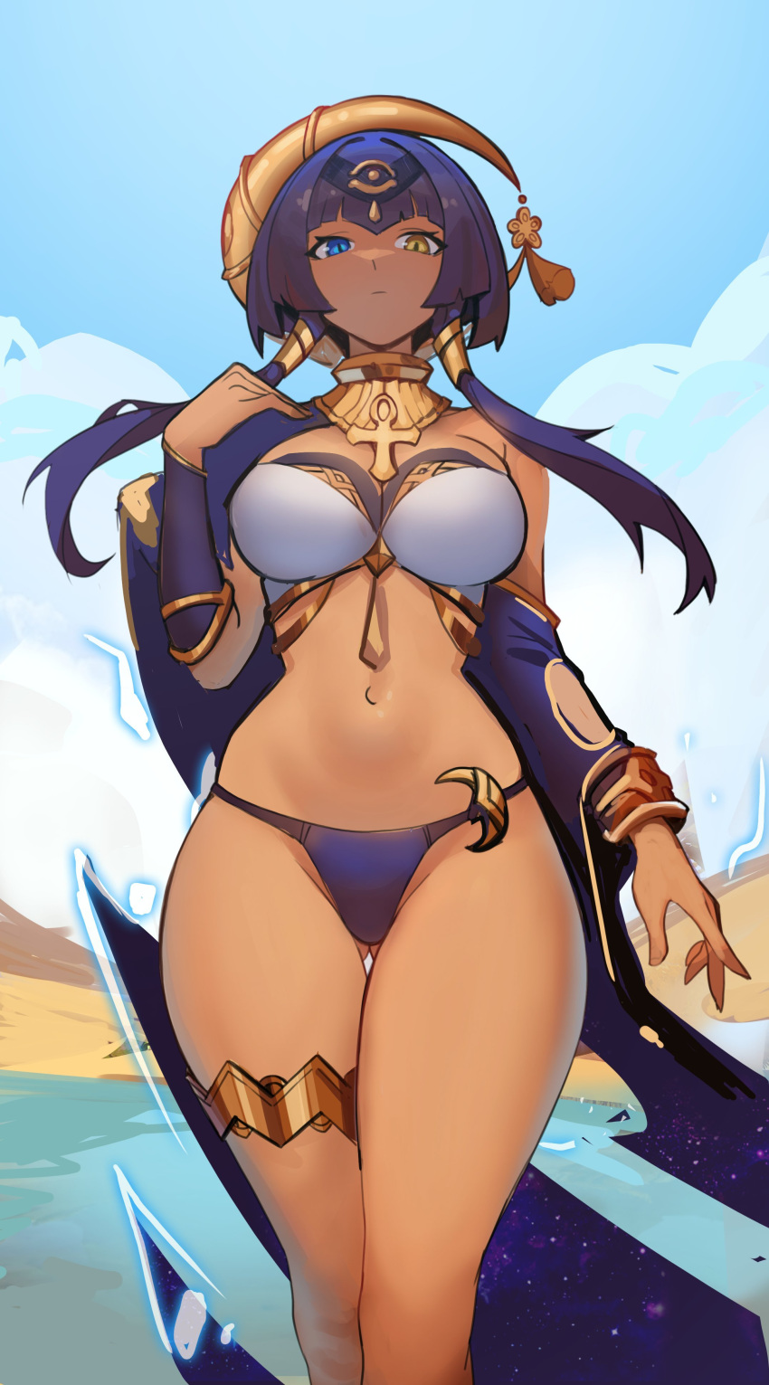 absurdres ancient_egyptian ancient_egyptian_clothes ass_visible_through_thighs bare_legs bikini blue_eyes blue_hair breasts candace_(genshin_impact) commentary dark-skinned_female dark_skin distr english_commentary expressionless eye_of_horus female genshin_impact hair_ornament heterochromia highres jewelry legs looking_at_viewer navel outdoors sand short_hair_with_long_locks sidelocks sky solo standing stomach swimsuit thigh_gap thighlet thighs wide_hips yellow_eyes