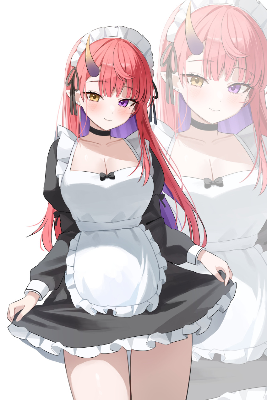 absurdres alternate_costume apron black_choker black_dress breasts choker cleavage closed_mouth collarbone colored_inner_hair cowboy_shot dress enmaided female frilled_dress frills heterochromia highres horns juliet_sleeves kurenai_natsuki_(vtuber) large_breasts long_hair long_sleeves looking_at_viewer maid maid_apron maid_headdress mole mole_under_eye multicolored_hair nannung pointy_ears puffy_sleeves purple_eyes purple_hair red_hair short_dress simple_background single_horn smile solo stardays thighs two-tone_hair virtual_youtuber white_background yellow_eyes zoom_layer