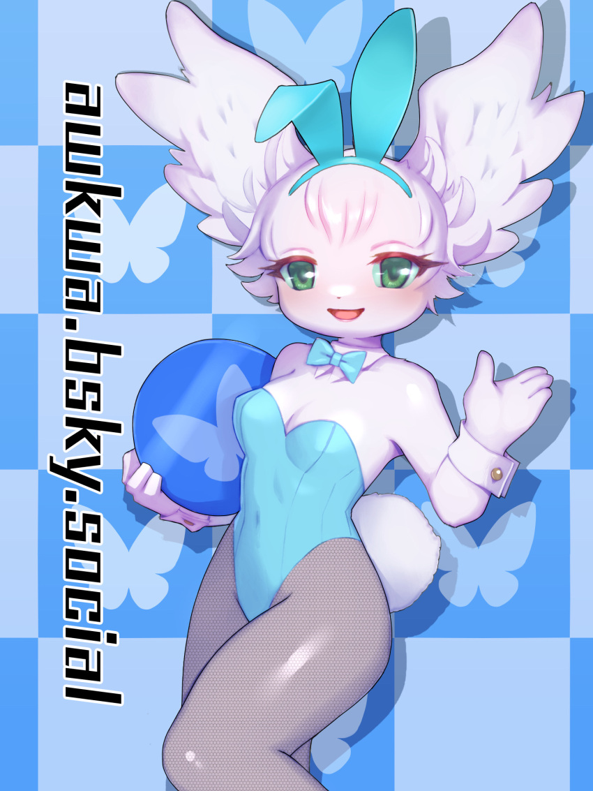 animal_ears artist_name awkwa bare_shoulders blue_background blue_bow blue_bowtie blue_hairband blue_leotard bluesky_logo bluesky_username blush body_fur bow bowtie checkered_background commentary_request covered_navel detached_collar drop_shadow fake_animal_ears feathered_wings female fishnet_pantyhose fishnets furry furry_female green_eyes grey_pantyhose hairband hand_up happy head_wings highres holding leotard looking_at_viewer open_mouth original pantyhose playboy_bunny rabbit_ears rabbit_tail shiny_clothes shiny_skin short_hair short_tail smile solo standing strapless strapless_leotard tail traditional_bowtie watermark waving web_address white_fur white_hair white_wings wings wrist_cuffs