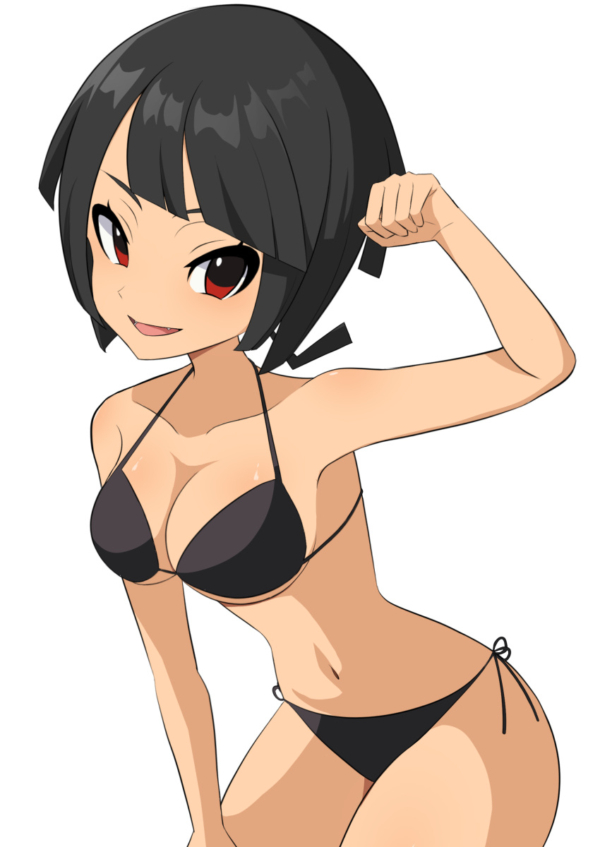 :d absurdres alternate_costume bikini black_bikini black_hair blunt_bangs breasts clenched_hand collarbone cowboy_shot eyelashes female hand_up highres leaning medium_hair navel open_mouth pokemon pokemon_oras red_eyes simple_background smile solo ssrg_srrg swimsuit white_background zinnia_(pokemon)