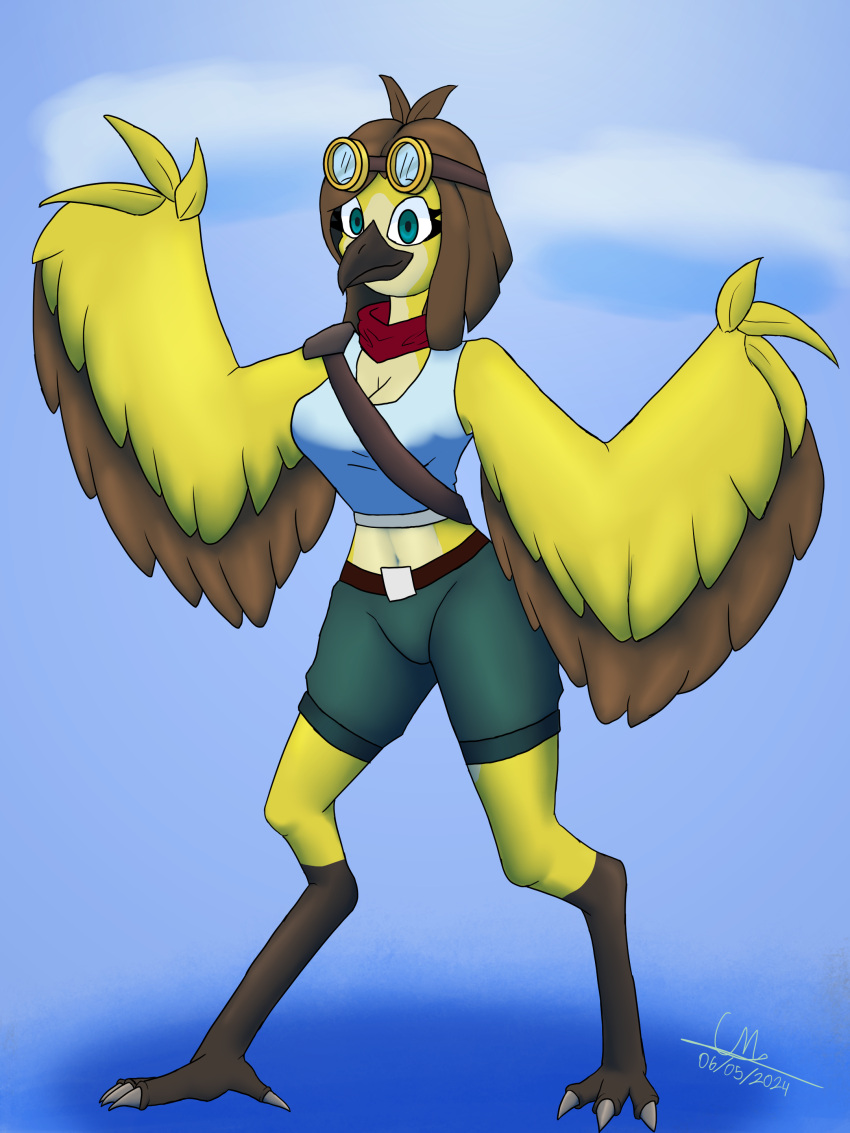 absurd_res animal_humanoid anthro avian avian_humanoid aviator_goggles bird bird_humanoid blue_eyes brown_body brown_feathers brown_hair clothed clothing cmaster1987 feathers female hair hi_res humanoid lawrie_(cmaster1987) solo yellow_body yellow_feathers