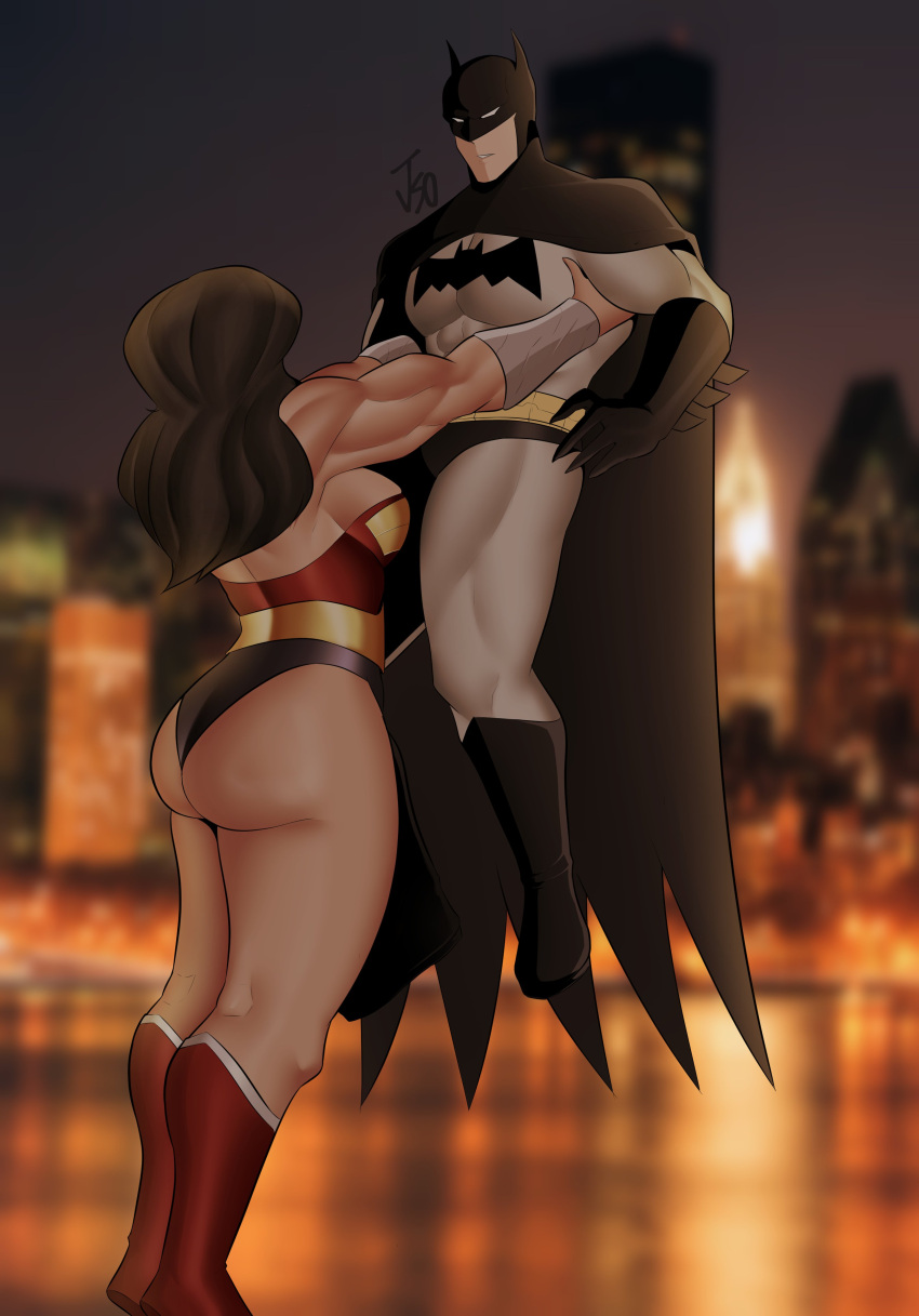 1boy absurdres armlet ass batman batman_(series) batman_symbol black_cape black_hair bodysuit bruce_wayne cape carrying carrying_person city city_lights couple dc_comics diana_prince female grey_bodysuit highres huge_ass jewelry jso justice_league large_pectorals leotard long_hair muscular muscular_female muscular_male pectorals photo_background superhero_costume thick_thighs thighs wonder_woman wonder_woman_(series)