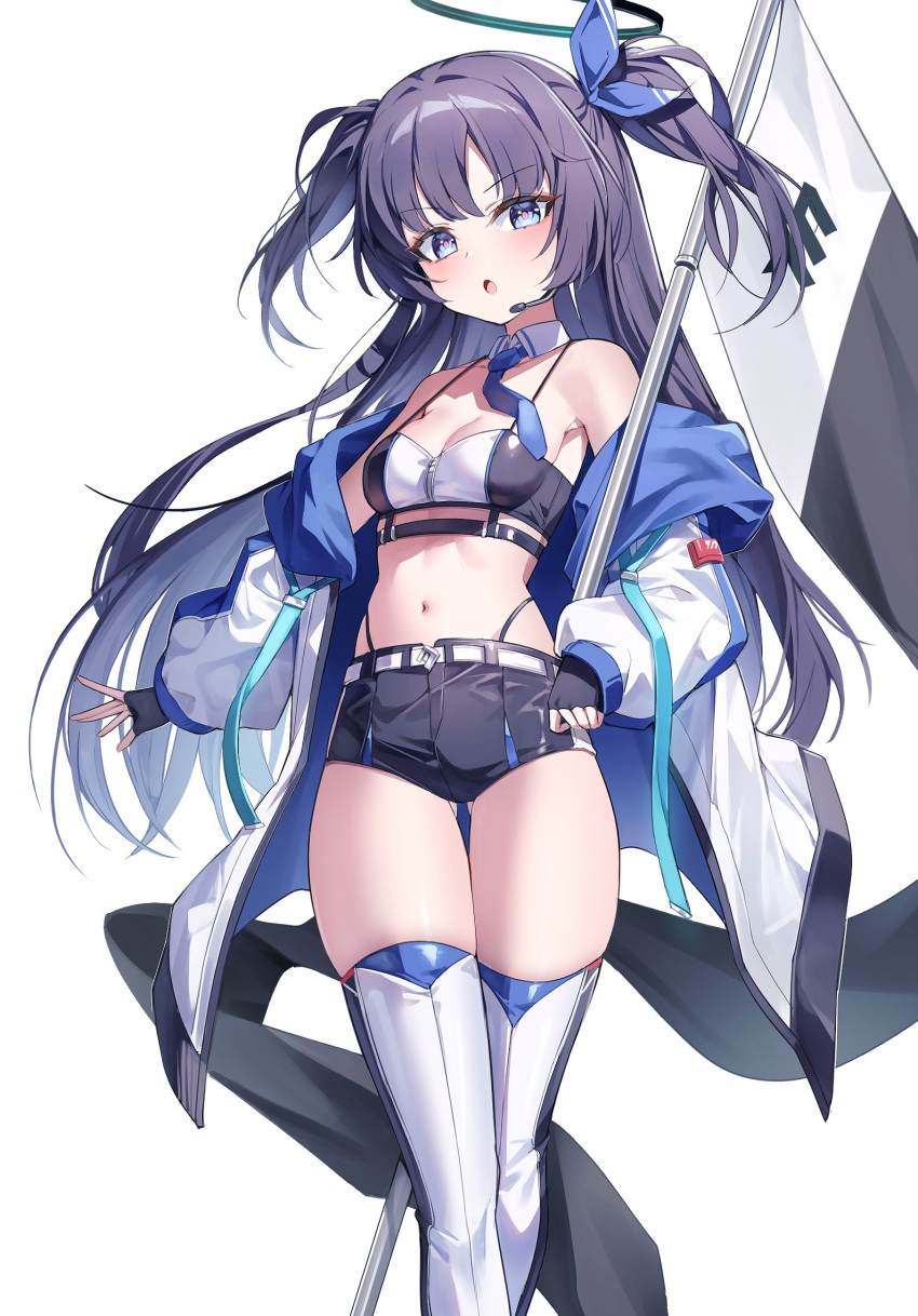 bare_shoulders belt black_gloves black_shirt black_shorts blue_archive blue_eyes blue_necktie breasts cleavage crop_top detached_collar feet_out_of_frame female fingerless_gloves flag gloves hair_ribbon halo highleg highres holding holding_flag jacket long_hair long_sleeves looking_at_viewer midriff navel necktie off_shoulder open_clothes open_jacket open_mouth panty_straps puffy_long_sleeves puffy_sleeves purple_hair race_queen ribbon shirt short_necktie short_shorts shorts simple_background sleeveless sleeveless_shirt small_breasts solo spaghetti_strap stomach strap_gap thigh_gap thighhighs thighs two-tone_shirt two_side_up ugwa v-shaped_eyebrows very_long_hair white_background white_jacket white_thighhighs yuuka_(blue_archive)