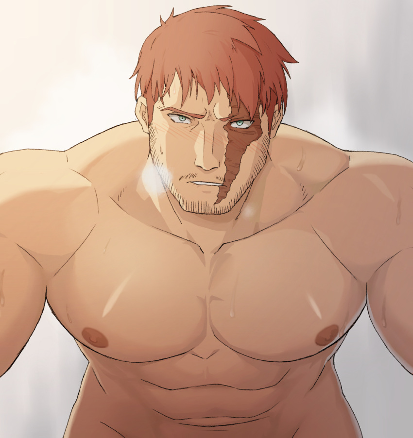 1boy abs bara bare_pectorals beard_stubble biceps boku_no_hero_academia chinese_commentary collarbone commentary_request dounoo endeavor_(boku_no_hero_academia) facial_hair green_eyes highres looking_at_viewer male_focus muscular muscular_male nipples pectoral_cleavage pectorals red_hair scar scar_across_eye steam stubble topless_male