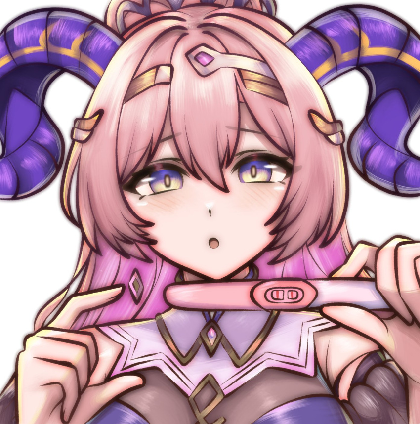 breasts female fire_emblem fire_emblem_heroes goat_horns hair_between_eyes high_ponytail highres holding horns implied_pregnancy large_breasts looking_at_viewer nerthuz_(fire_emblem) pink_hair portrait pregnancy_test purple_horns rotomdocs simple_background solo white_background