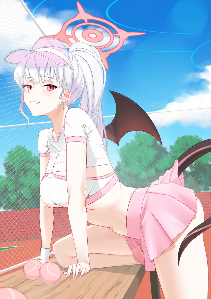 absurdres ball black_tail black_wings blue_archive demon_wings fake_wings female halo haruna_(blue_archive) highres navel necropoi red_eyes red_halo single_wing skirt solo sports_bra sportswear tail tennis_ball tennis_uniform wings