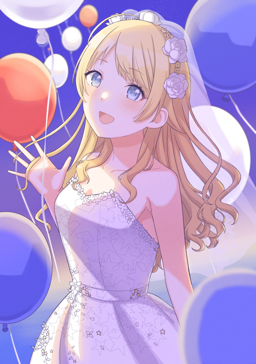 :d balloon bare_arms bare_shoulders blonde_hair blue_eyes blush breasts collarbone commentary_request dress female flower hachimiya_meguru hair_flower hair_ornament hand_up highres idolmaster idolmaster_shiny_colors looking_at_viewer medium_breasts parted_bangs purple_background rose sasakamasasa simple_background smile solo strapless strapless_dress wedding_dress white_dress white_flower white_rose