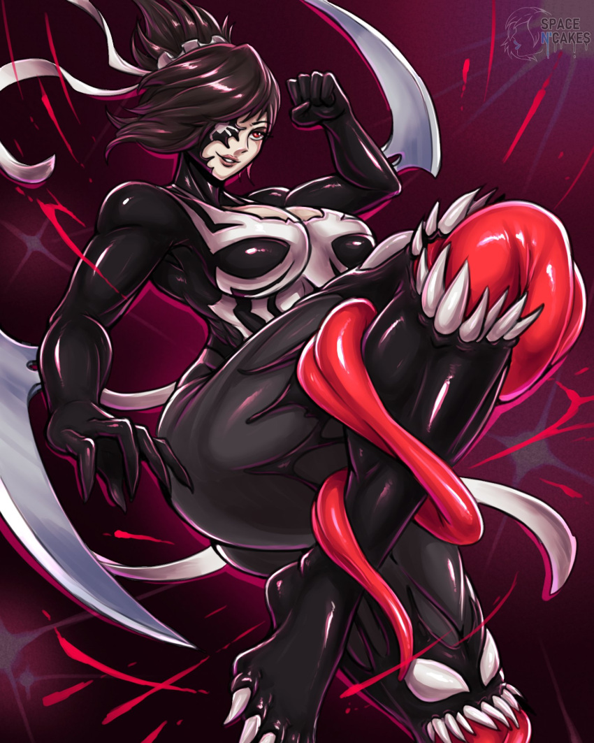 artist_name black_hair breasts claws female highres large_breasts marvel red_eyes sharp_teeth solo spacen'cakes spider-man_(series) symbiote teeth venom_(marvel)