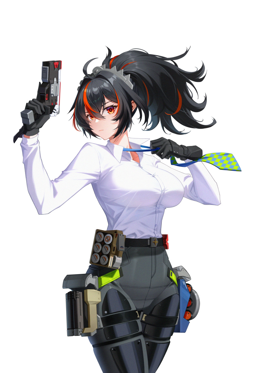 absurdres black_gloves black_hair black_pants blue_necktie breasts checkered_necktie cowboy_shot esc_(chidme12) female gloves gun hand_up highres holding holding_gun holding_weapon large_breasts metal_hairband multicolored_hair necktie pants police police_uniform policewoman ponytail red_eyes red_hair shirt solo streaked_hair tight_clothes tight_pants weapon white_background white_shirt zenless_zone_zero zhu_yuan