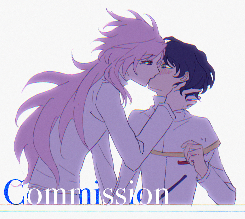 2boys black_hair blush capelet chinese_commentary chromatic_aberration commentary_request commission dropping film_grain gold_trim grey_eyes hand_on_another's_neck hand_up hatsutori_hajime highres kissing long_hair long_sleeves male_focus multiple_boys pink_hair red_eyes saibou_shinkyoku shirt short_hair simple_background upper_body utsugi_noriyuki watermark white_background white_capelet white_shirt xuanjing yaoi