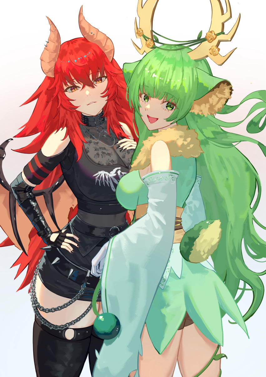 2girls absurdres animal_ear_fluff animal_ears antlers black_gloves black_nails black_shirt black_shorts black_thighhighs breasts cleavage deer_ears deer_tail dragon_girl dragon_horns dragon_wings dress fingerless_gloves fur-trimmed_dress fur_trim gloves green_dress green_eyes green_hair green_sleeves hand_on_own_chest hand_on_own_hip haruka_karibu highres horns large_breasts long_hair looking_at_viewer medium_breasts mozzu123 multiple_girls nail_polish open_mouth red_hair reindeer_antlers reindeer_girl shirt shorts sideboob smile tail thighhighs virtual_youtuber vshojo white_background wings yellow_eyes zentreya zentreya_(dragon) zentreya_(dragon)_(metalheads)