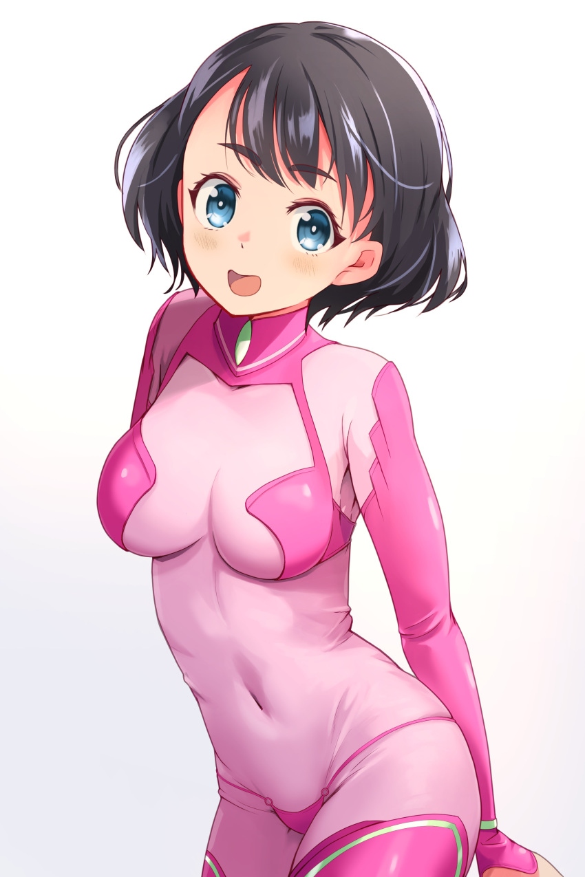 absurdres armpits black_hair blue_eyes blush bodysuit breasts covered_navel edomae_elf eyebrows_hidden_by_hair female highres koganei_koito looking_at_viewer medium_breasts open_mouth pink_bodysuit short_hair simple_background skin_tight smile solo wasatasa white_background