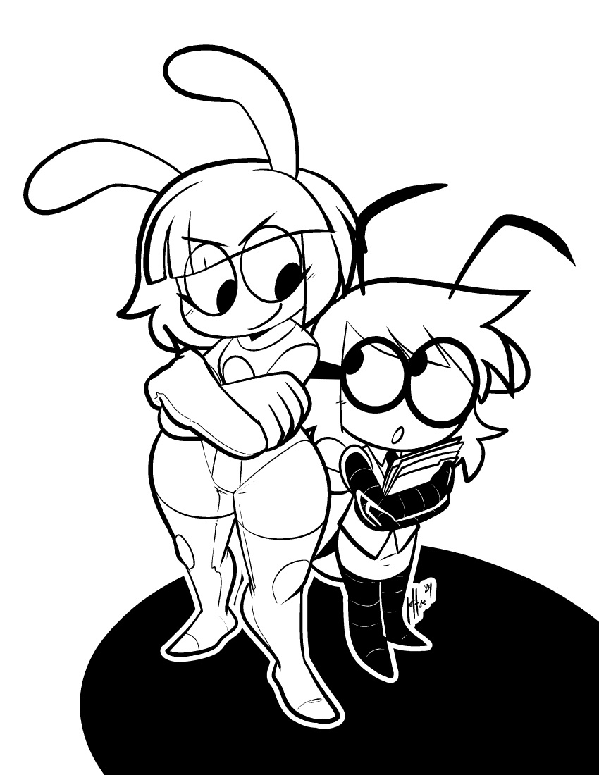 absolute_territory absurd_res antennae_(anatomy) anthro arthropod bee black_and_white blush boots chloe_(lettuce) clothing crossed_arms duo female footwear front_view hair hi_res holding_object holding_paper hymenopteran insects lagomorph larger_anthro larger_female legwear leotard leporid lettuce_(artist) looking_back looking_down looking_up mammal monochrome open_mouth paper pose rabbit ruby_(lettuce) shoes simple_background size_difference smaller_anthro smaller_female smile smirk thigh_boots thigh_highs white_background