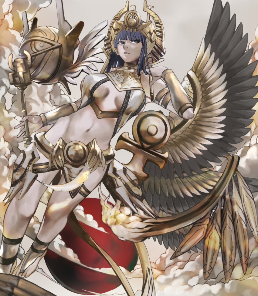 absurdres ancient_egyptian_clothes ankh armlet black_hair blunt_bangs breasts cloud commentary egyptian_mythology eye_symbol female gold highres isis_(mythology) jewelry long_hair nyami original solo wings