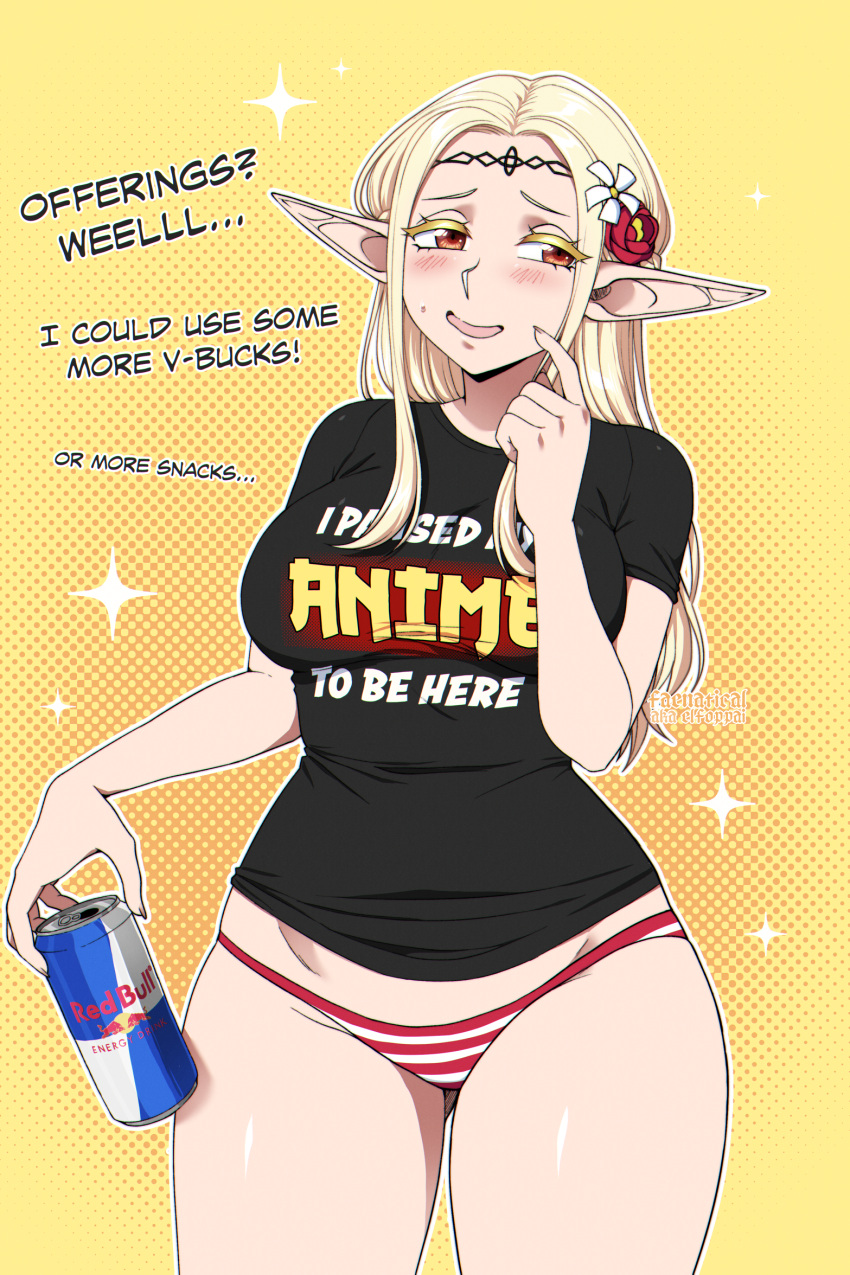 ass_visible_through_thighs averting_eyes black_shirt blonde_hair blush breasts can edomae_elf eldali_ilma_fanomenel elf english_text faenatical female flower hair_flower hair_ornament highres holding holding_can large_breasts medium_hair meme_attire open_mouth panties pointy_ears red_bull red_eyes red_panties scratching_cheek shirt simple_background solo striped_clothes striped_panties thick_eyelashes underwear yellow_background