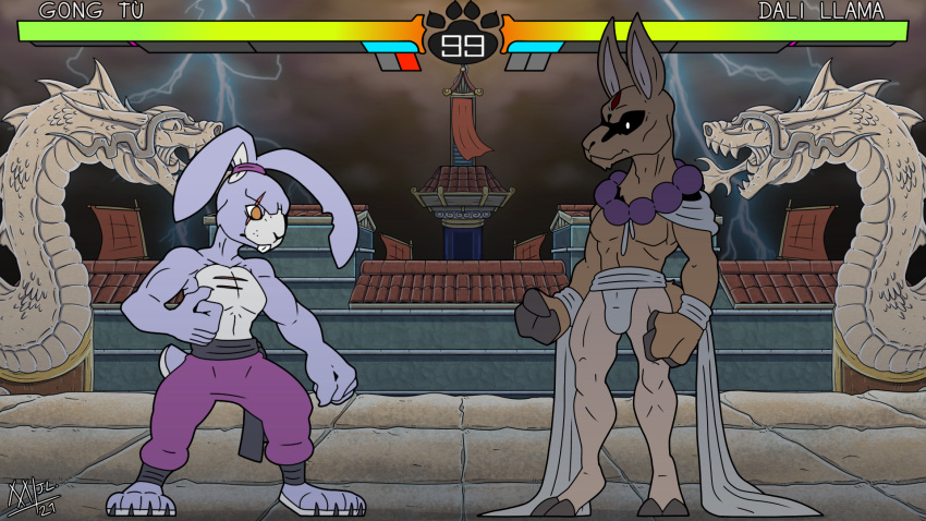 anthro barefoot beads bottomwear brutal_paws_of_fury buckteeth camelid clothing dali_llama(brutal_paws_of_fury) detailed_background duo feet fighting_game fighting_game_ui fighting_pose gameplay_mechanics hare hi_res kung-fu_bunny lagomorph leporid llama male mammal meatboom pose prayer_beads rabbit scar scars_all_over semi_nude teeth thong underwear veil