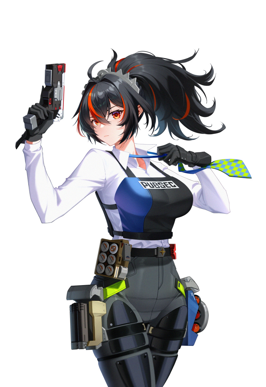 absurdres black_gloves black_hair black_pants blue_necktie breasts bulletproof_vest checkered_necktie cowboy_shot esc_(chidme12) female gloves gun hand_up highres holding holding_gun holding_weapon large_breasts metal_hairband multicolored_hair necktie pants police police_uniform policewoman ponytail red_eyes red_hair shirt simple_background solo streaked_hair tight_clothes tight_pants weapon white_background white_shirt zenless_zone_zero zhu_yuan