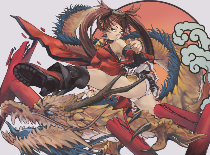 breaking breasts brown_eyes brown_hair china_dress chinese_clothes commentary dragon dress female guilty_gear hair_ornament highres kicking kuradoberi_jam long_hair nyami panties red_dress simple_background single_hair_ring underwear