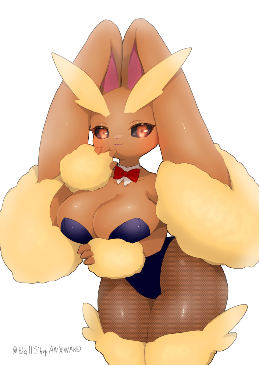 :3 absurdres animal_ears artist_name awkwa black_pantyhose black_sclera blue_leotard blush body_fur bow bowtie breasts brown_fur cleavage closed_mouth collarbone colored_sclera commentary_request cowboy_shot detached_collar female groin hand_up happy highres large_breasts leaning_forward legs_together leotard looking_at_viewer lopunny pantyhose playboy_bunny pointy_ears pokemon pokemon_(creature) rabbit_ears rabbit_girl red_bow red_bowtie red_eyes romaji_commentary shiny_skin signature simple_background smile solo standing strapless strapless_leotard thick_thighs thighs traditional_bowtie twitter_username two-tone_fur unmoving_pattern white_background wide_sleeves yellow_fur